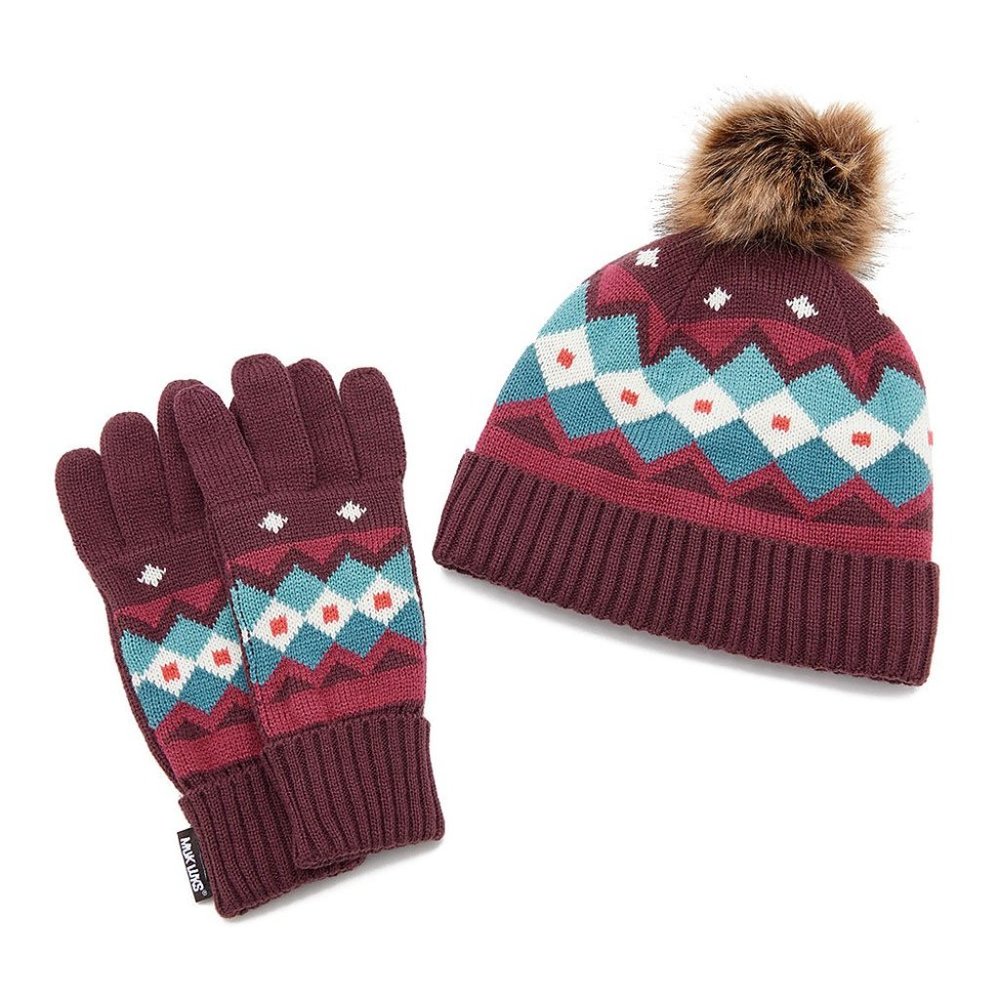 NWT MUK LUKS Purple Nordic Pom Beanie & Glove Set